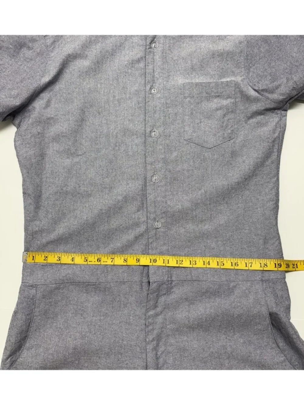 Romphim Mens Blue Oxford Shorts Romper Size XL Slim Fit Band Collar Short Sleeve